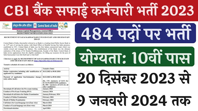 Central Bank of India Safai Karmchari Recruitment 2023 सेंट्रल बैंक ऑफ इंडिया सफाई कर्मचारी भर्ती 2023 का 484 पदों पर नोटिफिकेशन जारी